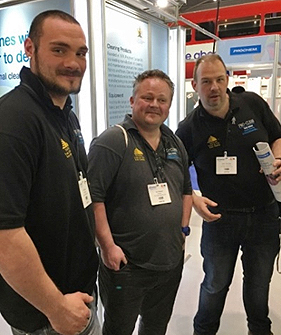 Neil (centre) with colleagues (both called Neil) on the Prochem Europe stand at the 2017 Cleaning Show